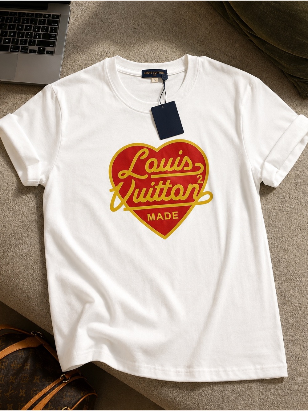 Louis Vuitton White Short Sleeve Tee with Red & Yellow Heart Logo